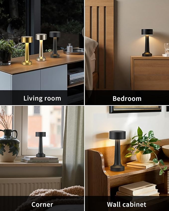 PUSU Cordless LED Black Small Table Lamps Set of 2, Portable Rechargeable 4000mAh Battery Operated Desk Lamp, 3 Color Stepless Dimming for Kids, Restaurant, Bedside, Outdoor, Bar, Night Light, Gift