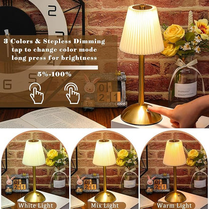 Liliful 2 Pcs Cordless Table Lamp Rechargeable Touch LED Small Gold Portable Battery Operated USB-c Desk Lamp 3 Color Dimmable for Bedroom Living Room Dining (Gold,Beige Cloth Style)