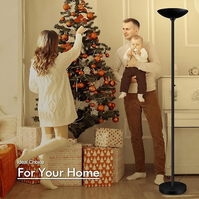 30W Torchiere Floor Lamp - 3600LM Super Bright LED Floor Lamp, 71 Inch Stepless Dimmable Standing Lamp with 3000K Lighting, Rotary Switch, Tall Metal Torch Floor lamps for Living Room/Bedroom (Black)