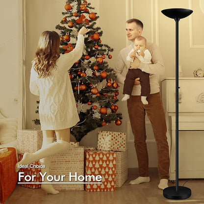30W Torchiere Floor Lamp - 3600LM Super Bright LED Floor Lamp, 71 Inch Stepless Dimmable Standing Lamp with 3000K Lighting, Rotary Switch, Tall Metal Torch Floor lamps for Living Room/Bedroom (Black)