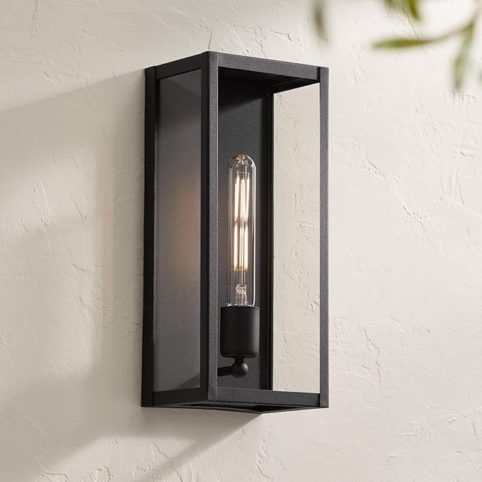 John Timberland Cornell Modern Industrial Box-Shaped Outdoor Wall Light Fixture Sand Black Metal 14 1/4" Clear Glass for Exterior House Porch Patio Outside Deck Garage Yard Front Door Garden