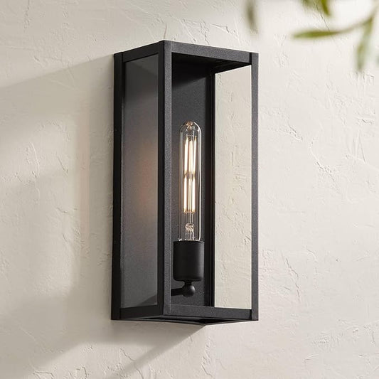 John Timberland Cornell Modern Industrial Box-Shaped Outdoor Wall Light Fixture Sand Black Metal 14 1/4" Clear Glass for Exterior House Porch Patio Outside Deck Garage Yard Front Door Garden