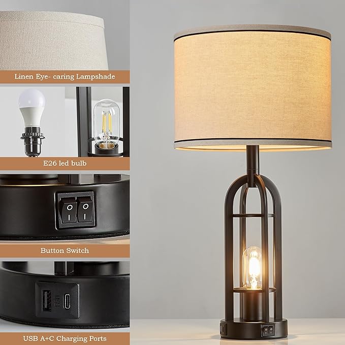 Black Table Lamps for Living Room Set of 2 - Farmhouse Industrial Lamps for Night Stands with Night Light & USB A+C, 24" Rustic Bedside Lamp for Bedroom, Bulbs Included