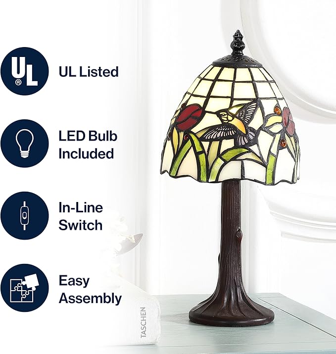 JONATHAN Y JYL8014A 12" Tiffany-Style Hummingbird Table Lamp, Traditional Bronze Accent Lamp with Handcrafted Stained Glass Shade for Bedroom Nightstand, Living Room, Desk, LED Bulb Included