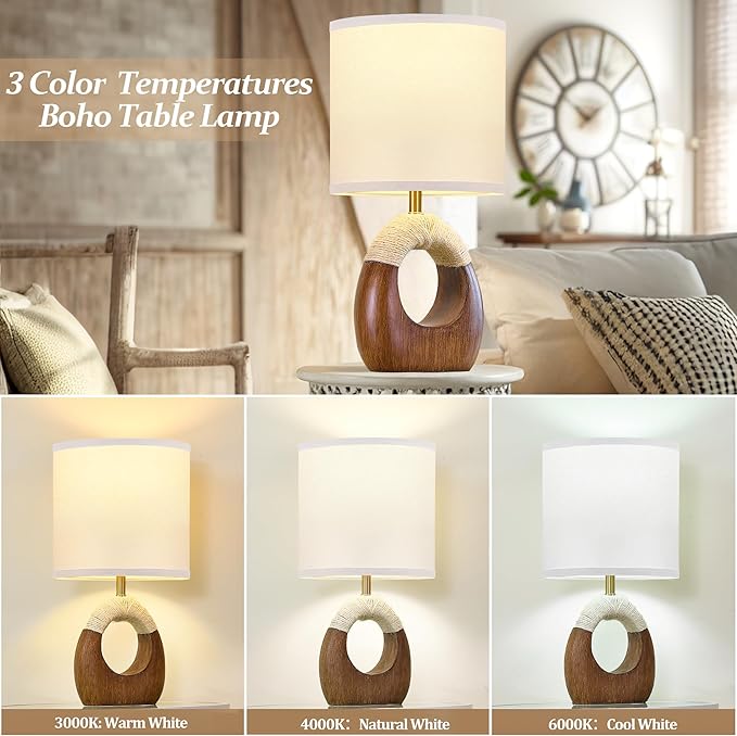 Table Lamp for Bedroom Set of 2 - Bedside Table Lamps with Adjustable Color Temperatures - Boho Rattan Lamps for Night Stands Small Farmhouse Living Room Lamp for Reading Bulbs Included