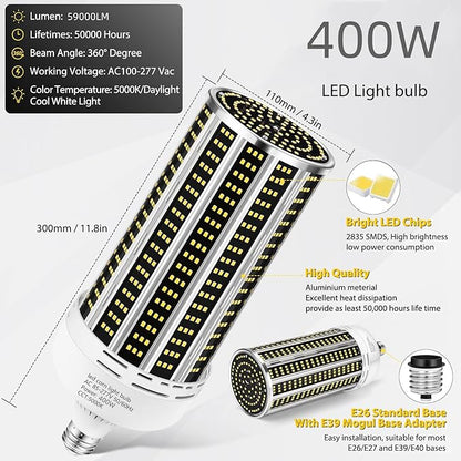 2 Pack 400W LED Corn Light Bulb,3850W Equivalent Commercial Grade 59000LM 5000K Daylight E26/E39 Medium/Mogul Base LED Lamp,Large Area Lights for Outdoor Indoor Garage Warehouse Gym Bay Light