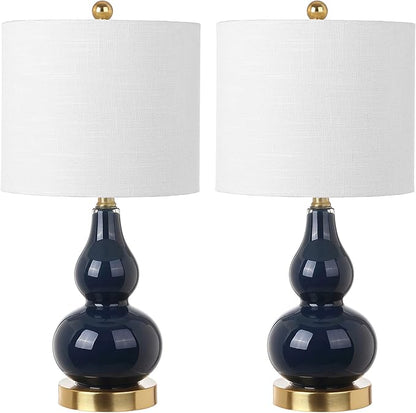 JONATHAN Y JYL1028F-SET2 20.5" Navy and Gold Glass Gourd Table Lamp Set of 2, Modern Glam Bedside Nightstand Lamps for Bedroom, Living Room, Office, End Table with White Linen Drum Shade