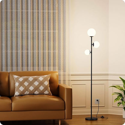 Floor lamp with 3 Frosted Glass Shades,Stangding Lamp Floor Lamps for Living Room Bedroom Office with 3 led Bulbs,Tall lamp with Foot Switch (Black)