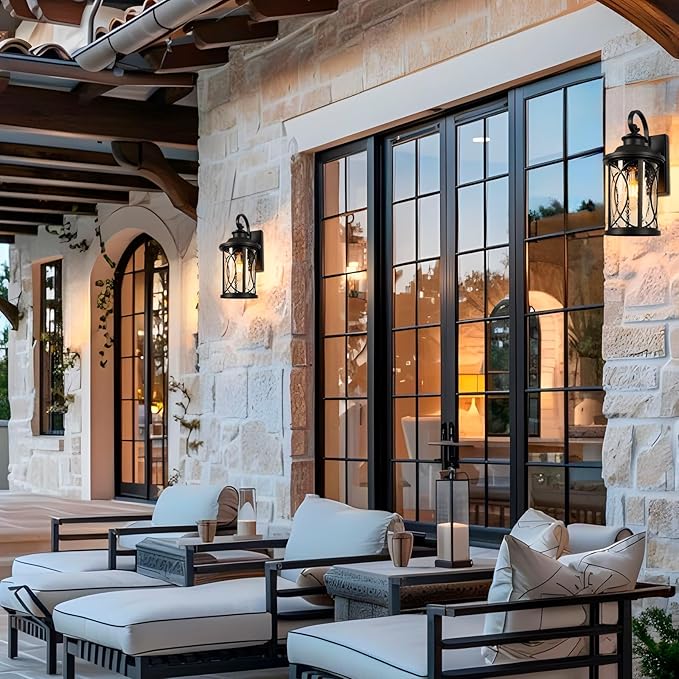 Treekee Outdoor Light Fixture Wall Mount, Modern Exterior Wall Sconce with Seeded Glass & E26 Sockets for Front Porch, Farmhouse Rustic Black Wall Lantern Lamp for Patio Garage Home Yard