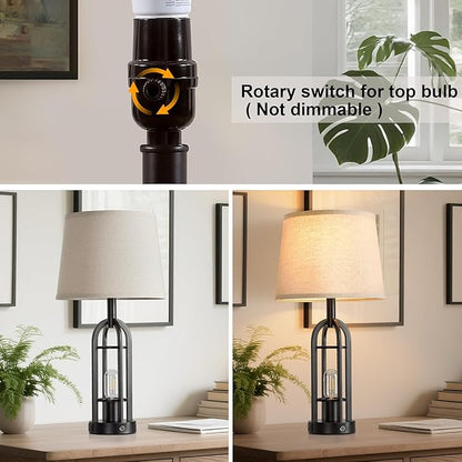 24" Table Lamps for Living Room Set of 2, Farmhouse Industrial 3-Way Dimmable Touch Bedside Lamps with USB A+C for Bedroom Nightstand，4 Bulbs Included