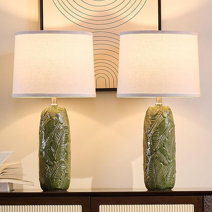 25” Green Lamps Set of 2 with Leaves Design for Living Room, Bedroom, Retro Ceramic Table Lamps for Nightstand Set of 2