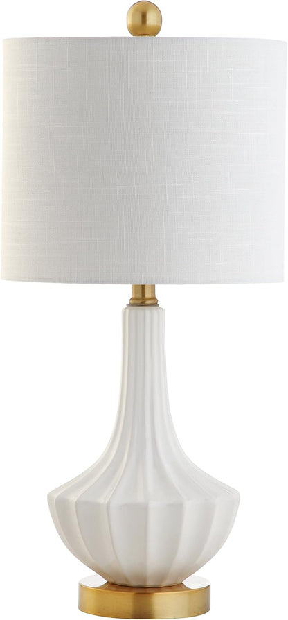 JONATHAN Y JYL1030A 21.5" Modern Ceramic Table Lamp, White and Brass Bedside Lamp for Living Room, Bedroom Nightstand, Contemporary End Table Desk Lamp with White Linen Drum Shade, LED Bulb Included