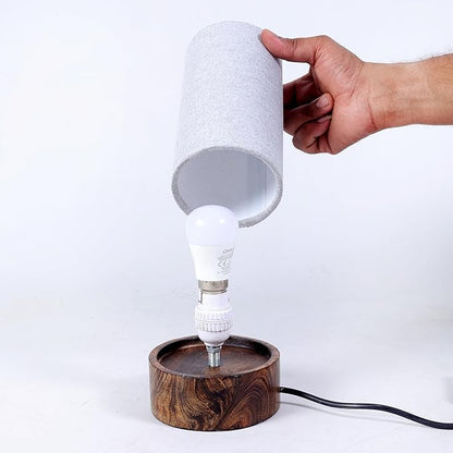 Bedside Small Lamp Wood Base Round Fabric Shade Table Lamp for Living Room, Desk, Lamp for Living Room, Bedside Lamp, Room Decor, Wooden Base Grey Color