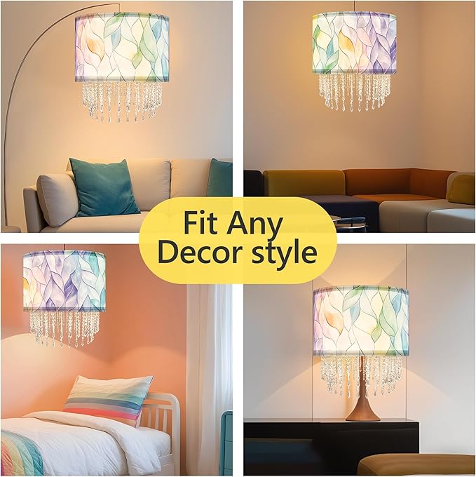 Colorful Macaron Lamp Shade with Acrylic Bead Droplets, Elegent Whimsical Fabric Light Shade for Pendant Table & Floor Lamp, Art Decor for Bedroom or Eentryway, 15.7in