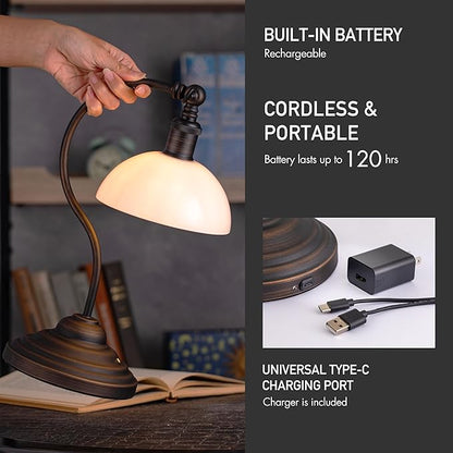 O'Bright Bankers - Cordless LED Table Lamp, Battery-Operated, Rechargeable, 3-Level Dimming, Universal USB-C Charging, 180° Swivel Head, White Jade Glass Shade, Oil Rubbed Bronze