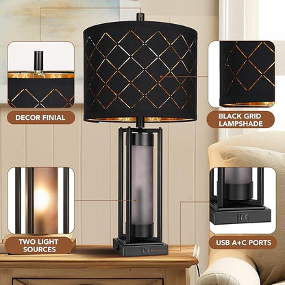 Modern Table Lamp Set of 2, Nightstand Lamps with Black Grid Shade, Bedside Lamps with USB A+C Charging Ports, Decorative Table Lamp, Square Base, Desk Lamps for Living Room, Bedroom, 2 Bulbs Included