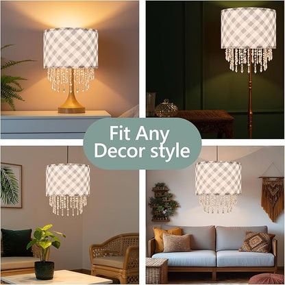 Teal & Grey Checkered Lamp Shade with Crystal Beaded Droplets, Drum Fabric Light Shade for Ceiling Pendant Table & Floor Lamps, Kid Boy Girl Teen Dorm Nursery Decor, 11.8in