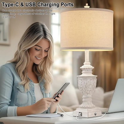 Farmhouse 3-Way Dimmable Touch Table Lamp Set of 2 for Bedroom Living Room with USB A+C Charging Ports 28" Tall Rustic Traditional Nightstand Bedside Lamps White End Table Lamp (2 Bulbs Included)