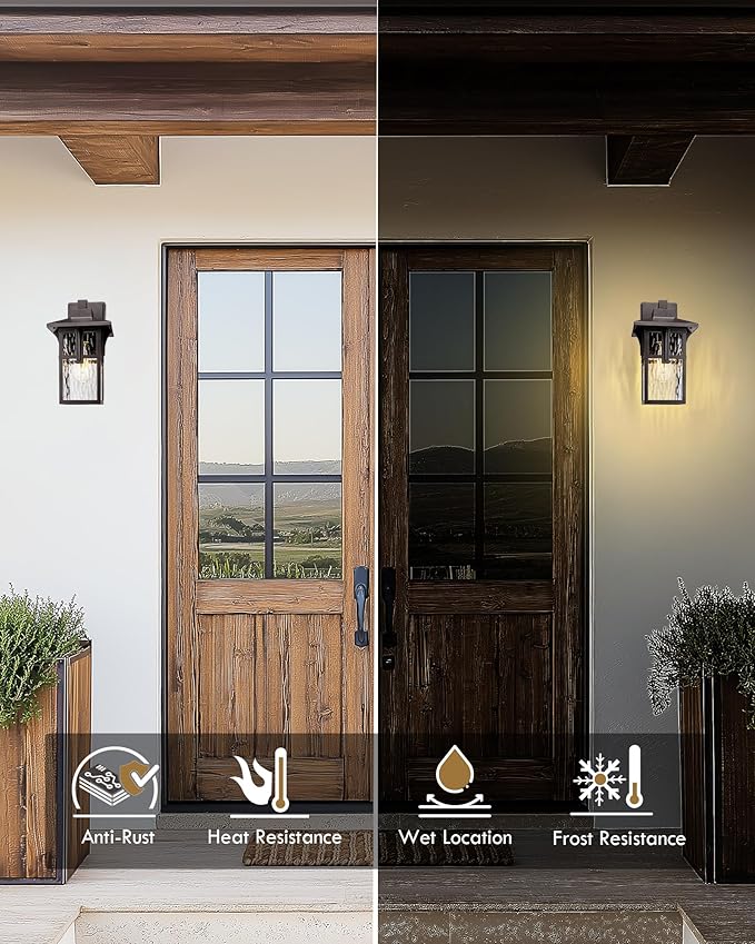 Outdoor Wall Light Fixture, HWH 12.4 Inch Outdoor Light for House with Water Ripple Glass, Exterior Lighting Fixture in Oil-Rubbed Bronze Finish, 5HX62B ORB SW