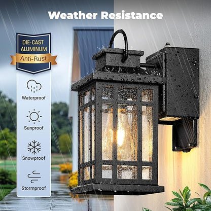Exterior Lighting Fixtures with GFCI Outlet, Black Dusk to Dawn Outdoor Lights with Bubble Glass, Anti-Rust Outside Wall Sconce Lantern for Garage Coach, Patio Wall Light Fixture with Outlet