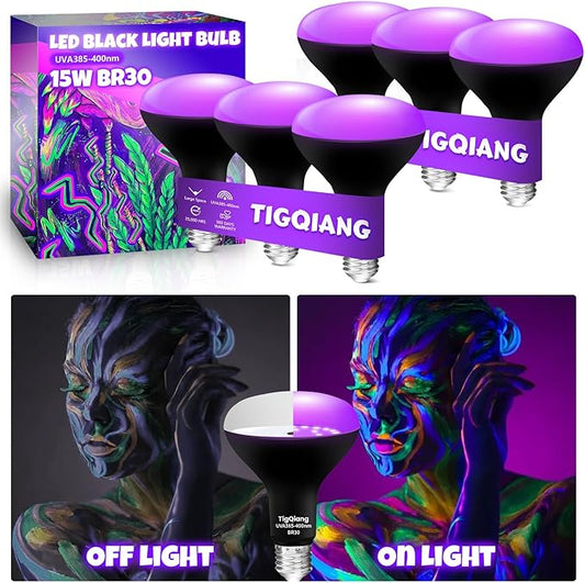 6 Pack Black Light Bulbs, Blacklight Bulb 120W Equivalent, E26 BR30 LED Black Light Bulb 385-400nm for Halloween Christmas Decorations, Body Paint, Glow in The Dark Party, Fluorescent Poster
