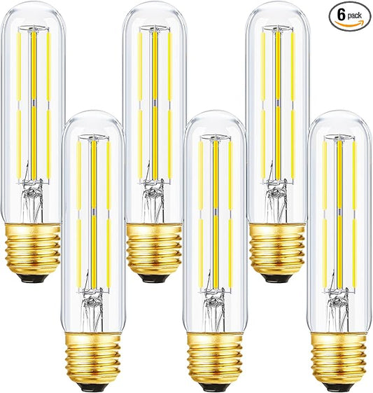 E26 Tubular Light Bulb 6W,Dimmable Led Tube Bulbs,Cool White 5000K,60 Watt Incandescent Bulb Equivalent,T10 Led Light Bulb for Cabinet Display Cabinet etc,Clear Glass,5.1in, 6 Pack.