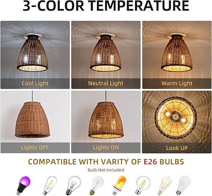 Dark Curry Rattan Pendant Light,13.77" Rustic Hanging Light 1-Pack Brown Wicker Pendant Light Hand-Woven Rattan Chandelier for Public Place Dining Living Bedroom Kitchen Farmhouse