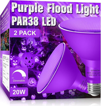 PAR38 Flood Lights Outdoor,Dimmable LED Flood Light Bulbs,20W(Equivalent to 200W),E26 Base,Outdoor Porch,Holiday Lighting,LED Flood Light Bulb for Halloween,Christmas,2 Pack Purple