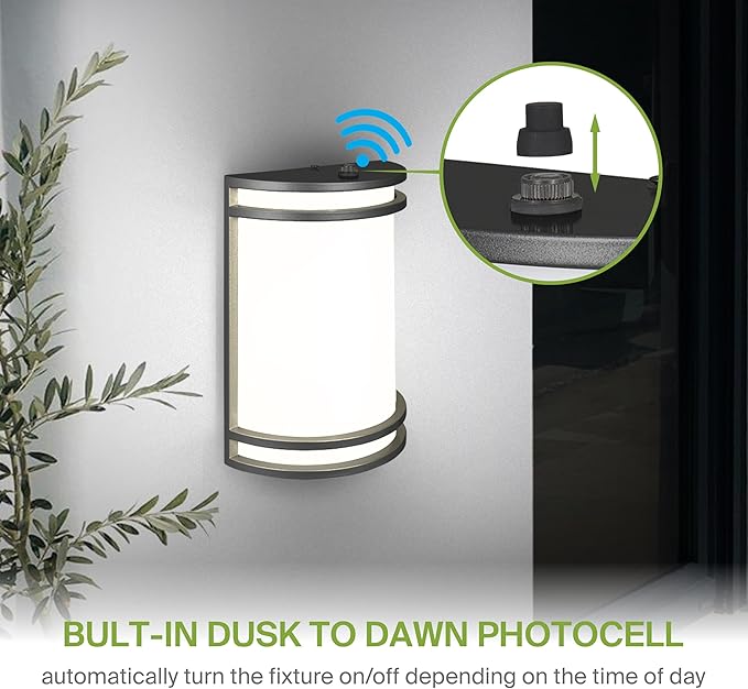 ASD 10 Inch LED Dusk to Dawn Outdoor Wall Mount Light Fixture - Matte Black Modern Wall Sconce Lighting with Photocell - 120-277V 15W 3000/4000/5000K Adjustable - Front Door & Patio, ETL 2 Pack