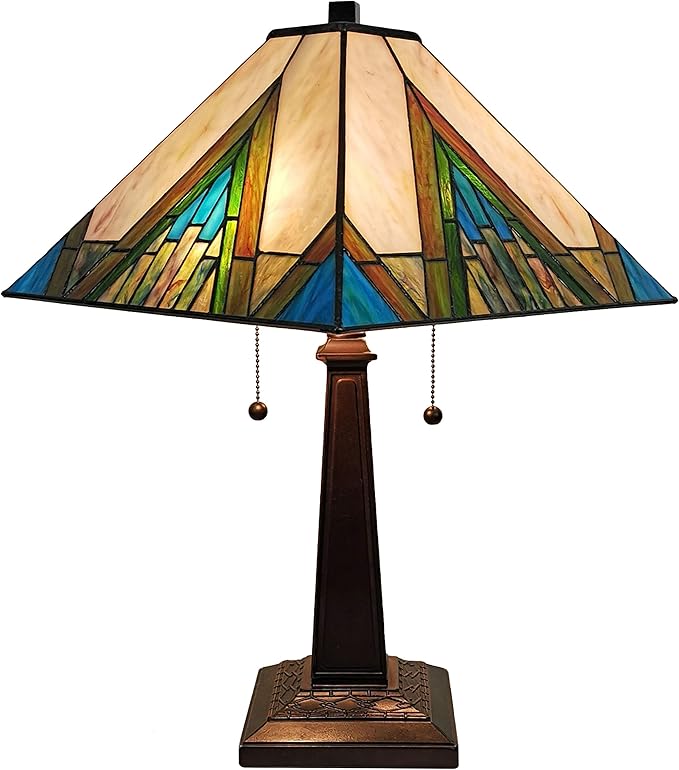 Tiffany Style Table Lamp Banker Mission 22" Tall Stained Glass Ivory Green Antique Vintage Light Decor Nightstand Living Room Bedroom Handmade Gift AM349TL14, 14 in Diameter Amora Lighting