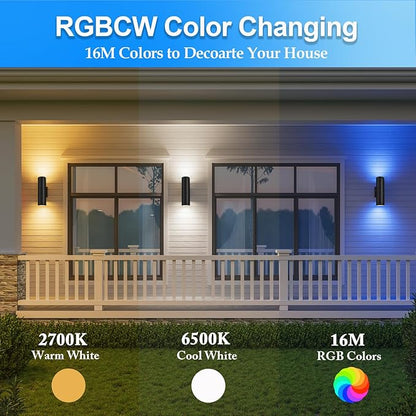 wowlite RGB Up Down Outdoor Wall Lights 2 Pack, 1200LM Smart Cylinder Outdoor Lights for House, Color Changing Exterior Lighting Fixtures APP Control Works with Alexa, IP65 Waterproof Porch Light
