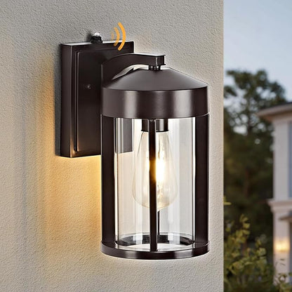 Dusk to Dawn Outdoor Wall Lights Fixture with Photocell Sensor, Modern Geometric Industrial Coffee-Bronze Exterior Wall Sconce, Waterproof Anti-Rust Outside Porch Light for House Patio Entryway Garage