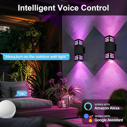 wowlite Up and Down Lights Outdoor Wall Sconce, 1200LM LED Outdoor Light Fixtures Wall Mount Exterior Lights for House, Smart RGBCW Black IP65 Waterproof Porch Lights Works with Remote and App Via Hub