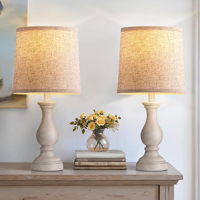 Seealle Farmhouse Table Lamps Set of 2 - Rustic Bedroom Lamps for Living Room, 22" Boho Bedside Lamp for Night Stands End Table Office Desk Lamp Nightstand Clearance Decorating with Linen Shades
