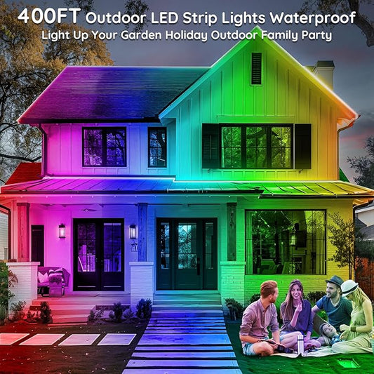400ft Outdoor LED Strip Lights Waterproof,IP68 Outside Led Light Strips Waterproof with App and Remote,Music Sync RGB Exterior Led Rope Lights with Self Adhesive Back for Roof,Deck