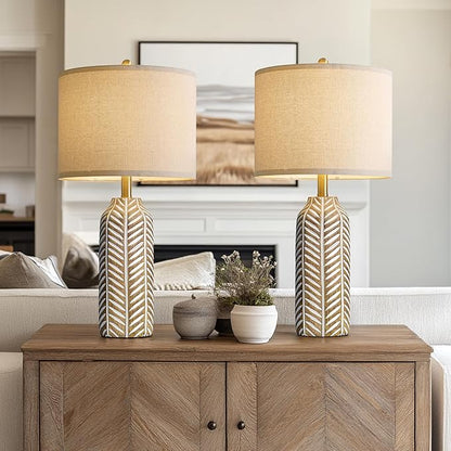 BOBOMOMO 26" Farmhouse Table Lamps Set of 2 - Vintage Leaf Design, Rustic Resin Nightstand Lamps for Bedroom, Living Room, Nursery, Hallway, Elegant Living Room Lamps with Linen Shades Antique Brown