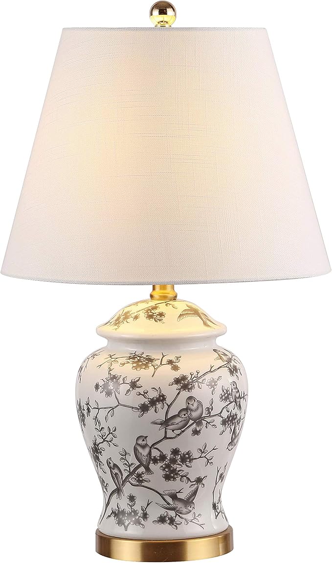 JONATHAN Y JYL3005C 22" French Country Ginger Jar Table Lamp, Gray and White Chinoiserie Ceramic Bedside Lamp for Living Room, Traditional Bedroom Nightstand with White Linen Shade, LED Bulb Included