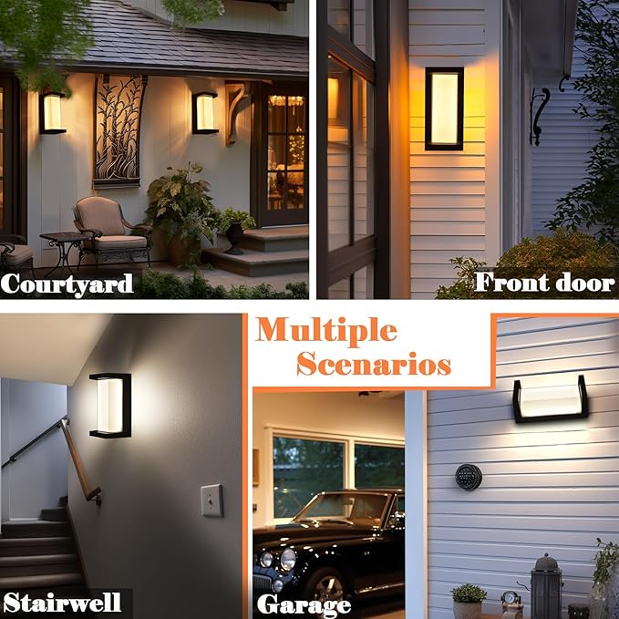 Black Exterior Lighting Fixtures, Rectangular Modern Front Porch Light Fixtures, 12W Outdoor Wall Light Fixtures Wall Mount, IP65 Waterproof Outdoor Wall Sconce 3-Color-Changeable