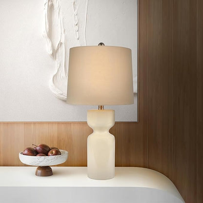 Abani Table Lamp Carlotta Gloss Cylinder 23” – Cream Ceramic Base with Linen Shade – E26 Bulb Included – Modern Desk Lamp for Bedroom, Living Room Lamp, or Entryway