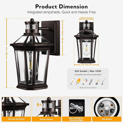 VIANIS Oil Rubbed Bronze Dusk to Dawn Motion Sensor Porch Light, Anti-Rust Aluminum Frame, Tempered Glass, 100% Weather Resistant, Easy Installation, Fits Standard E26 Bulbs