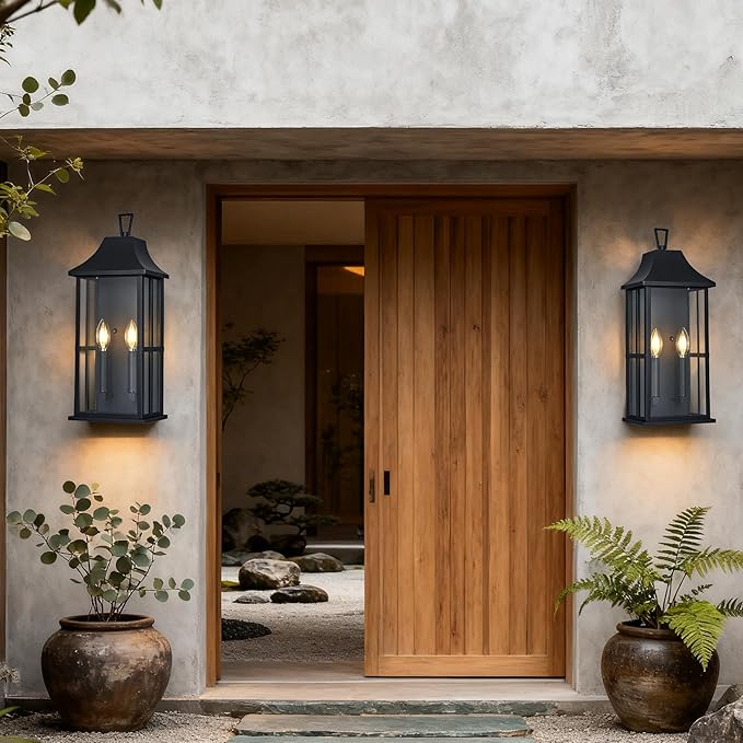 Outdoor Wall Sconce Waterproof Wall Lantern 2-Lights, 20.3" Large Outside Modern Wall Mount Light, Exterior Matte Black Porch Light with Glass for House Patio Garage,Bulbs Not Included