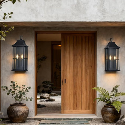 Outdoor Wall Sconce Waterproof Wall Lantern 2-Lights, 20.3" Large Outside Modern Wall Mount Light, Exterior Matte Black Porch Light with Glass for House Patio Garage,Bulbs Not Included