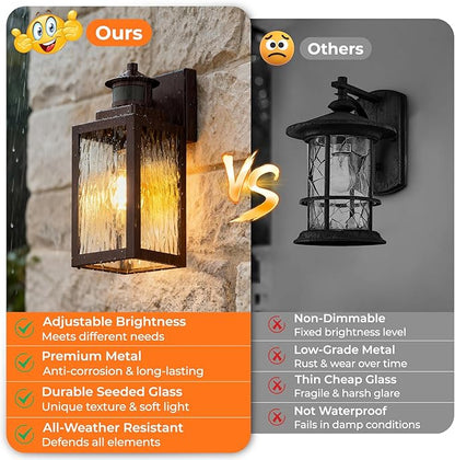 BesLowe 2-Pack Motion Sensor Outdoor Wall Lights, Dusk to Dawn Porch Lights Outdoor Sconces with Water Ripple Glass, Brown Exterior Lighting Fixtures Wall Mount, Outside Lights for House Front Door