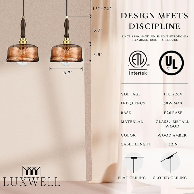 Modern Amber Glass Pendant Light, 6.7"x9.2" Round Hanging Fixture with Golden Wood Accent & Brass Cap, 15"-72" Adjustable Line, E26 Socket – Golden Amber Circle