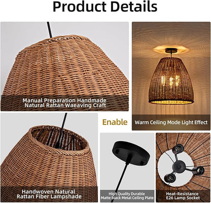 3-Light Dark Curry Rattan Pendant Light,16.54" Rustic Hanging Light,Brown Wicker Pendant Light Hand-Woven Rattan Chandelier for Workplace Restaurants Dining Living Kitchen Farmhouse