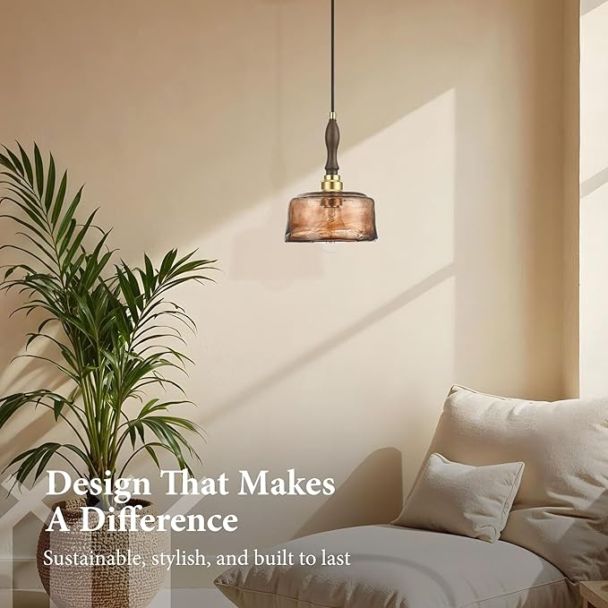 Modern Amber Glass Pendant Light, 6.7"x9.2" Round Hanging Fixture with Golden Wood Accent & Brass Cap, 15"-72" Adjustable Line, E26 Socket – Golden Amber Circle