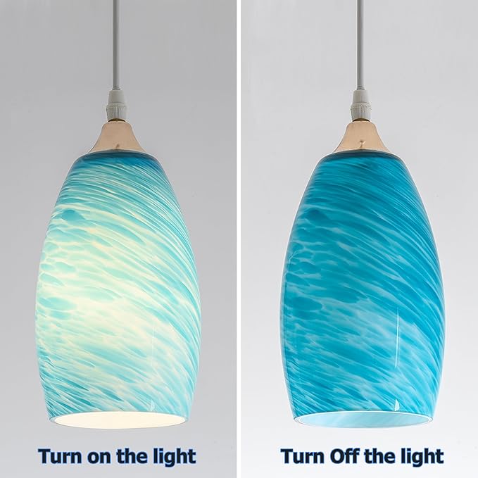 GO&SO Ocean-Blue Gradient Pendant Lights Kitchen Island 3 Pack,Hand-Blown Fluid Flow Texture, 7.8"H Art Oval Fixture,1.57" Fitter, E26 Base,for Hanging Light Fixtures & Mini Chandelier Replacement Set
