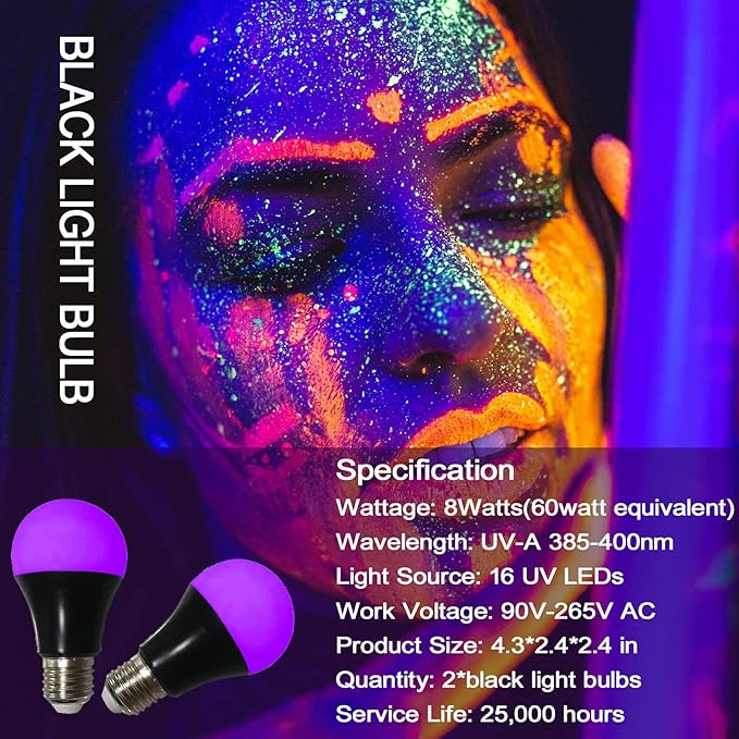CICINY UV LED Black Light Bulbs 2 Pack, A19 E26 8W Blacklight Bulb for Glow in The Dark, UVA Level 385-400nm, Blacklight Light Bulbs for Parties Body Paint Fluorescent Poster Pet Stains