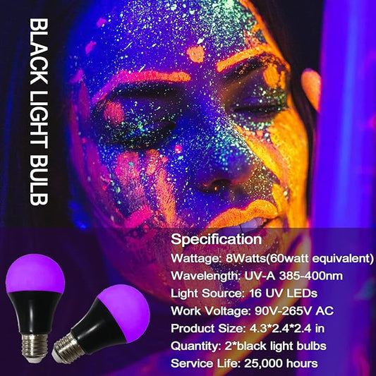 CICINY UV LED Black Light Bulbs 2 Pack, A19 E26 8W Blacklight Bulb for Glow in The Dark, UVA Level 385-400nm, Blacklight Light Bulbs for Parties Body Paint Fluorescent Poster Pet Stains