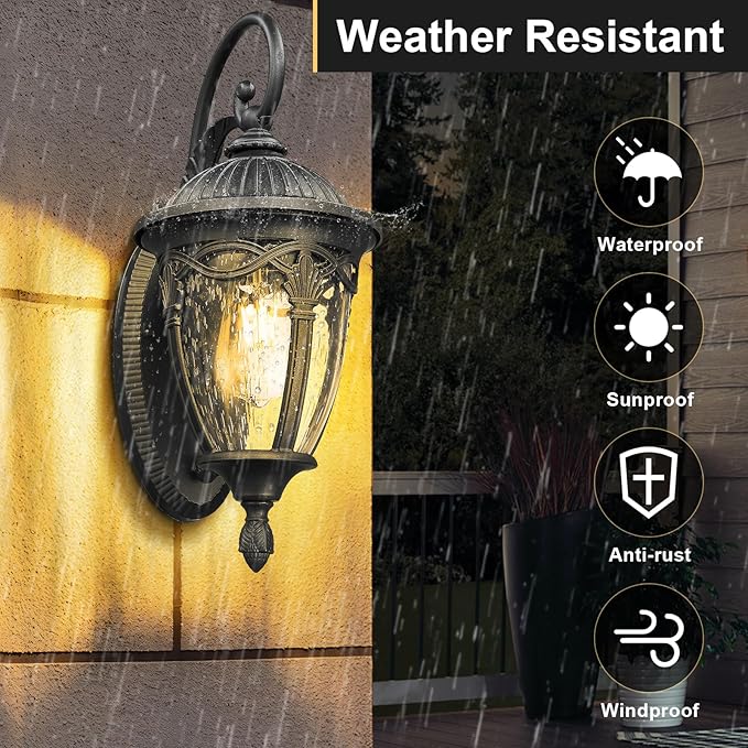 Outdoor Wall Lantern, Outdoor Lights Fixtures Wall Mount with Seeded Glass, Exterior Porch Lights, Waterproof Outside Wall Sconce Lights E26 Anti-Rust for House Front Porch Patio Garage